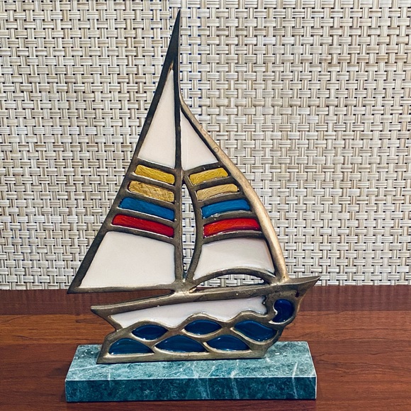 Vintage Other - 🌟3xHP🌟VTG 1980-90s Leaded Stained Glass Sailboat Decoration Green Marble Base